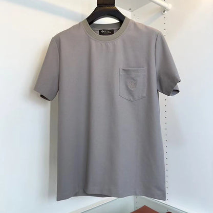 LP Italian solid color pocket embroidery old money wind round neck short sleeve casual T-shirt
