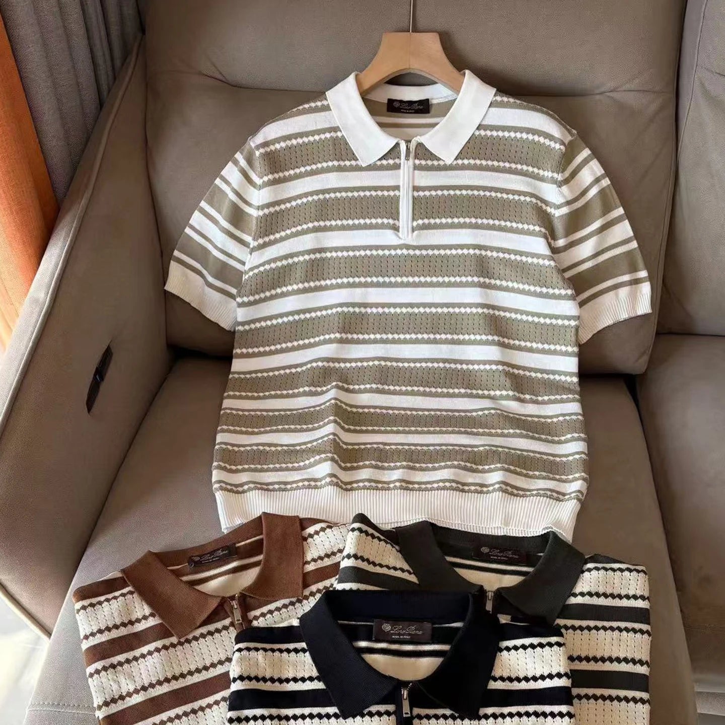 LP 25ss striped cashmere mulberry silk lapel short-sleeved knitted POLO shirt
