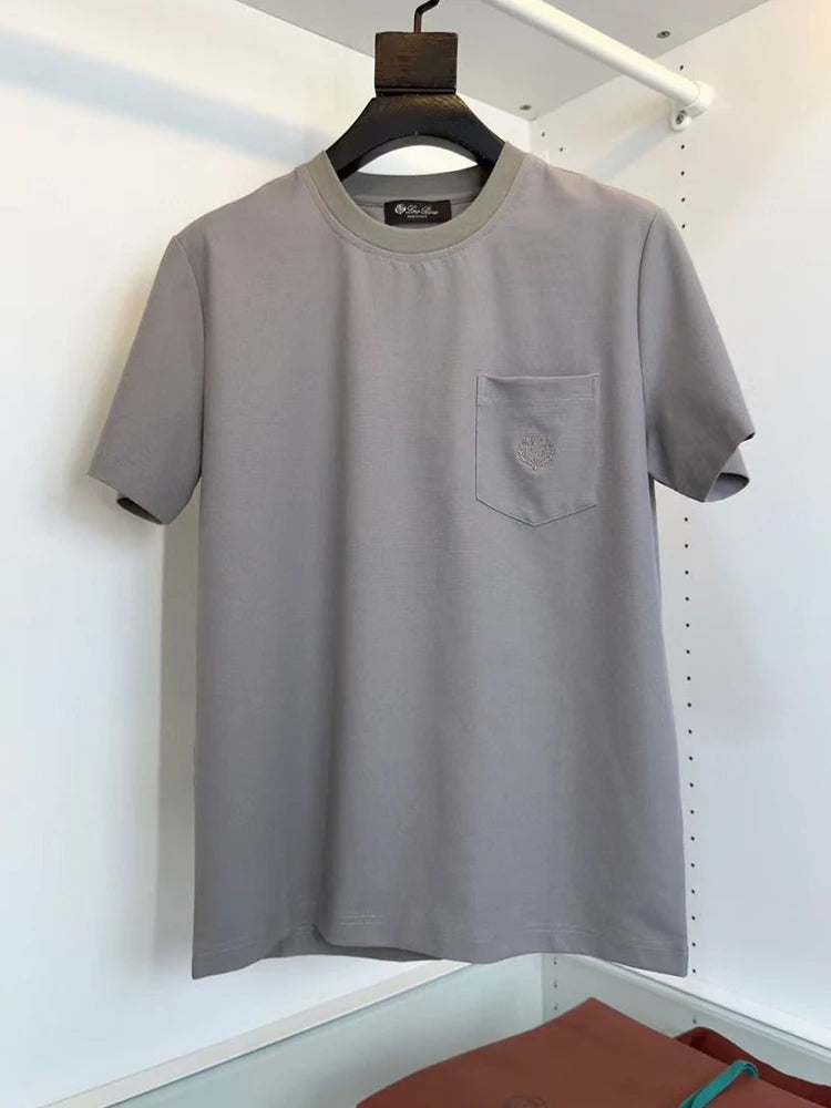 LP Italian solid color pocket embroidery old money wind round neck short sleeve casual T-shirt