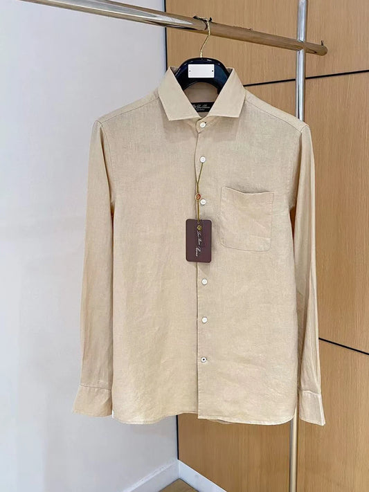 LP Italian Pocket Solid Color Pure Linen Long Sleeve Breathable Shirt