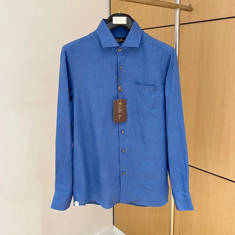 LP Italian Pocket Solid Color Pure Linen Long Sleeve Breathable Shirt