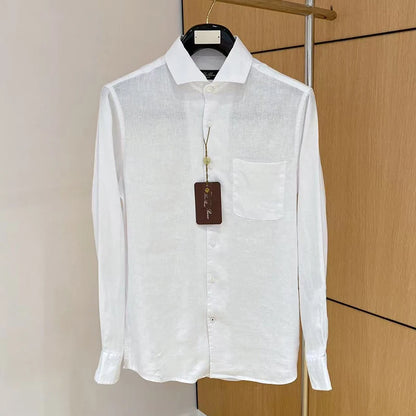 LP Italian Pocket Solid Color Pure Linen Long Sleeve Breathable Shirt