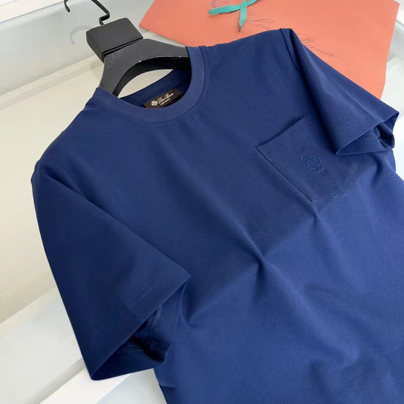 LP Italian solid color pocket embroidery old money wind round neck short sleeve casual T-shirt