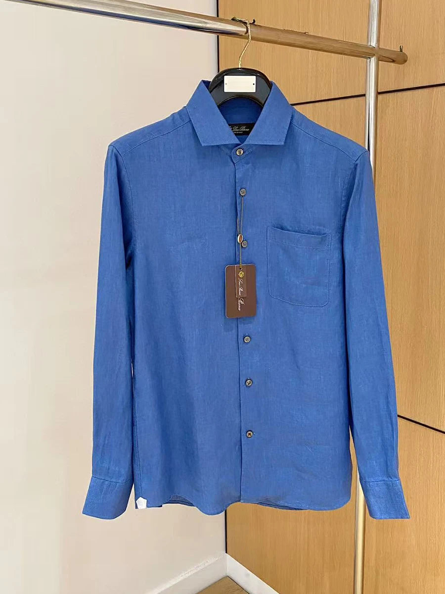 LP Italian Pocket Solid Color Pure Linen Long Sleeve Breathable Shirt