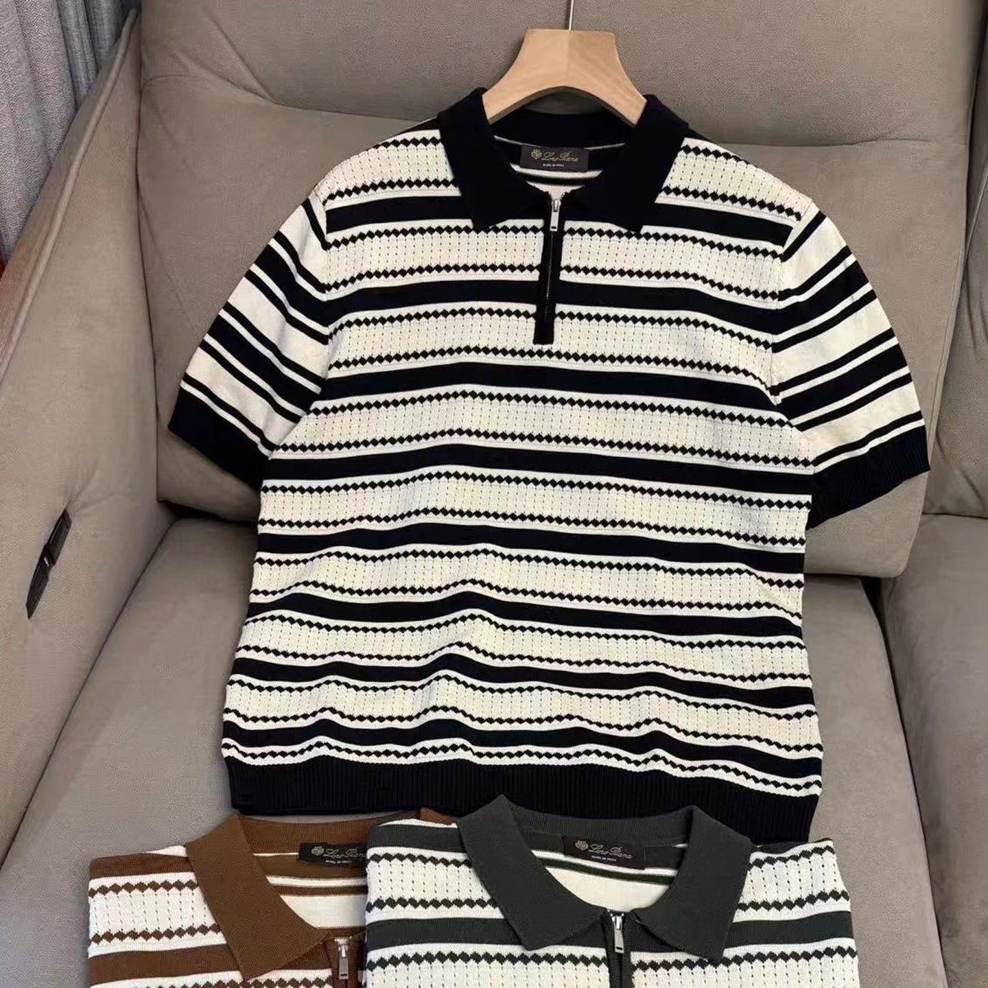 LP 25ss striped cashmere mulberry silk lapel short-sleeved knitted POLO shirt