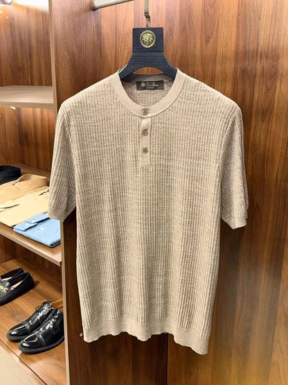 LP Vintage Three-Dimensional Yarn Henry Neck Short Sleeve Men's Knitted Sweater