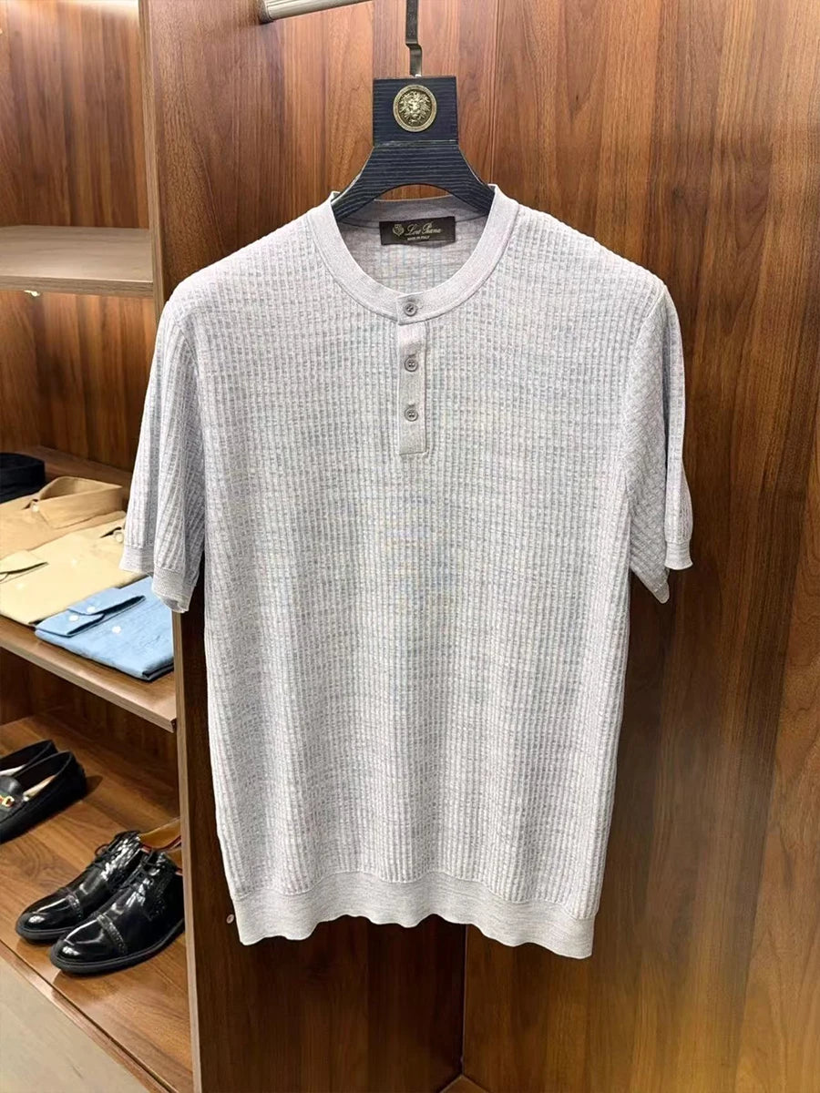 LP Vintage Three-Dimensional Yarn Henry Neck Short Sleeve Men's Knitted Sweater