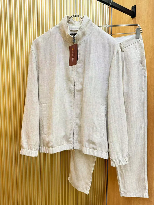 طقم جاكيت وبنطال كاجوال من LP Italy 25ss مصنوع من الكتان Tencel بتصميم قديم من الرياح وياقة واقفة 