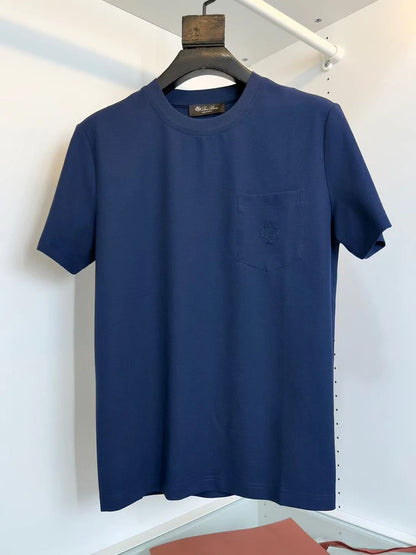 LP Italian solid color pocket embroidery old money wind round neck short sleeve casual T-shirt