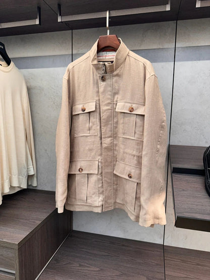 LP Italian Tooling Multi-Pocket Hunting Linen Jacket Stand-Up Collar Men's Thin Jacket