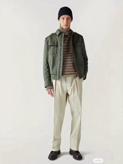 LP Italian leather multi-pocket short lapel flight jacket