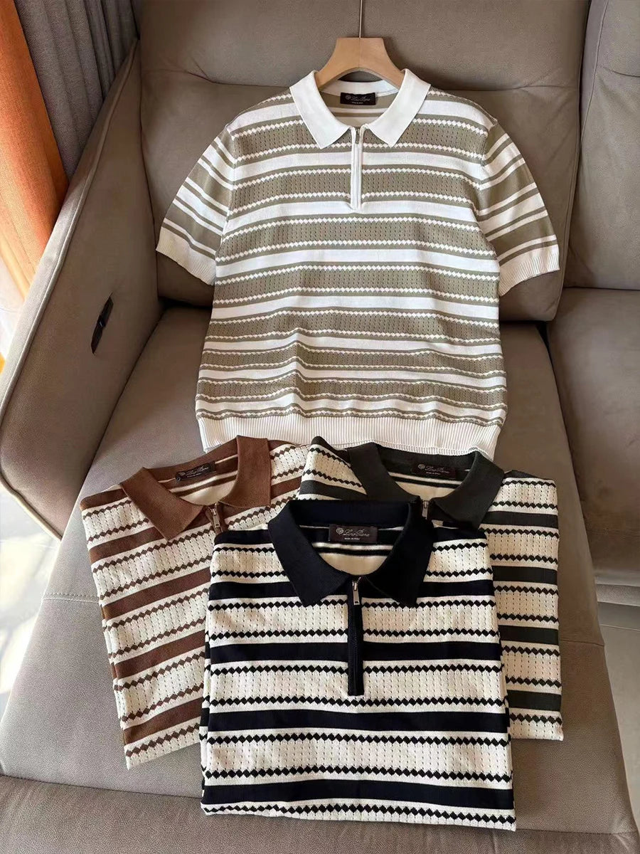 LP 25ss striped cashmere mulberry silk lapel short-sleeved knitted POLO shirt