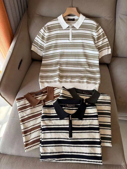 LP 25ss striped cashmere mulberry silk lapel short-sleeved knitted POLO shirt