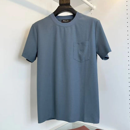 LP Italian solid color pocket embroidery old money wind round neck short sleeve casual T-shirt
