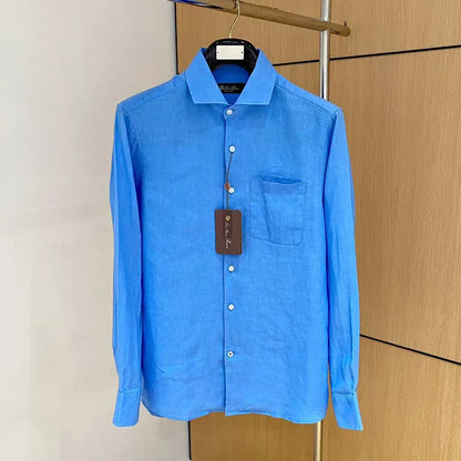 LP Italian Pocket Solid Color Pure Linen Long Sleeve Breathable Shirt