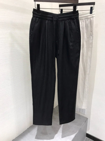 LP Italian Old Money Fengtencel Linen Straight Drawstring Elastic Waist Casual Pants