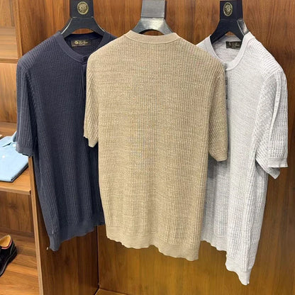 LP Vintage Three-Dimensional Yarn Henry Neck Short Sleeve Men's Knitted Sweater