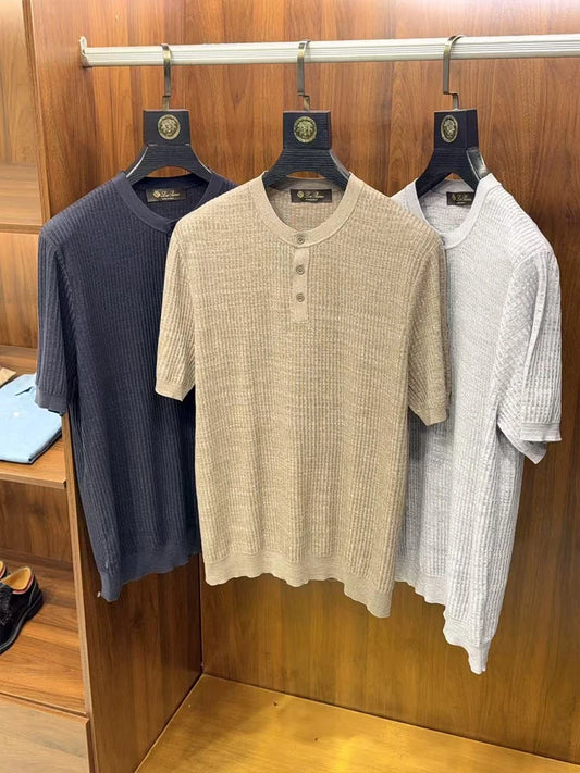 LP Vintage Three-Dimensional Yarn Henry Neck Short Sleeve Men's Knitted Sweater