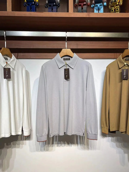 LP Casual Pearl Cotton Lapel Long Sleeve Men's POLO Shirt