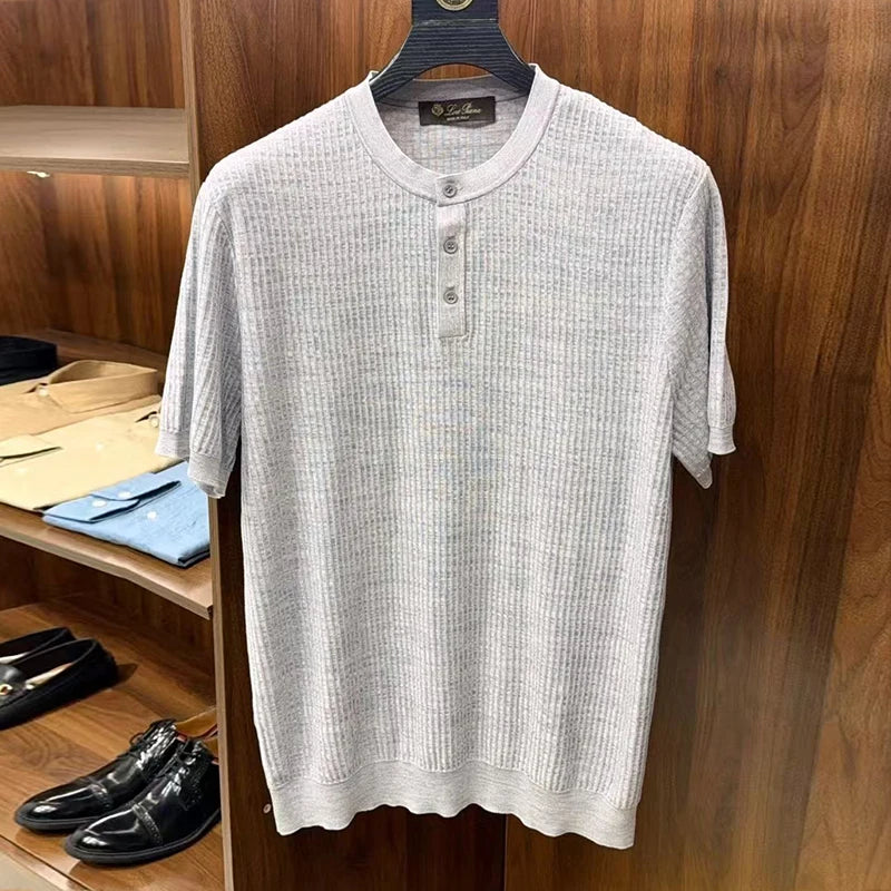LP Vintage Three-Dimensional Yarn Henry Neck Short Sleeve Men's Knitted Sweater