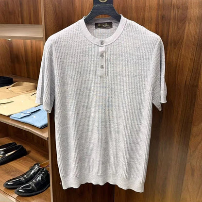 LP Vintage Three-Dimensional Yarn Henry Neck Short Sleeve Men's Knitted Sweater