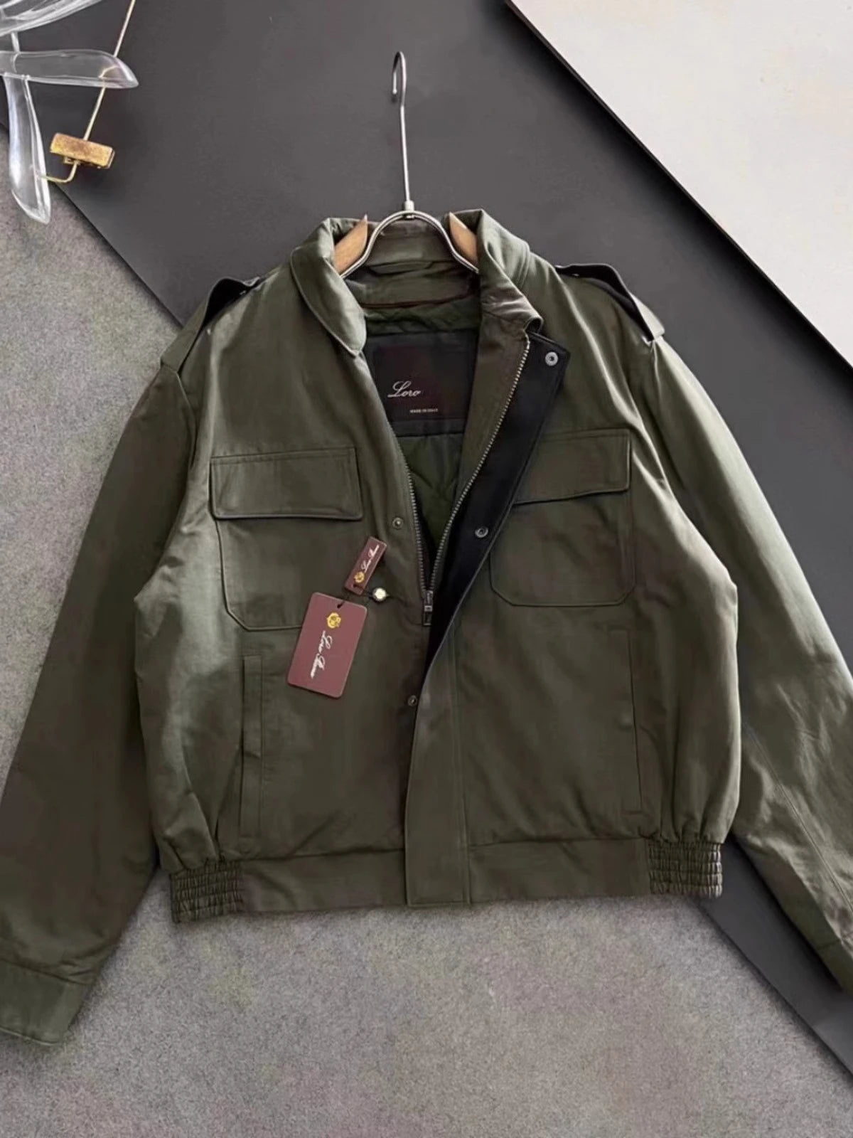 LP Italian leather multi-pocket short lapel flight jacket