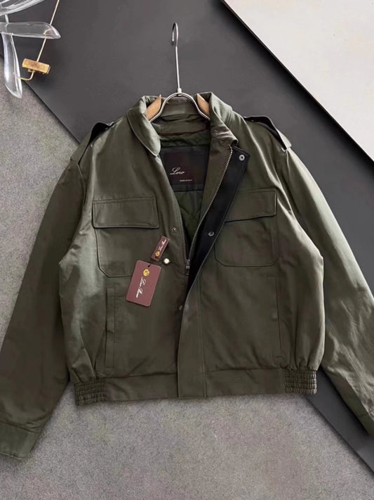 LP Italian leather multi-pocket short lapel flight jacket