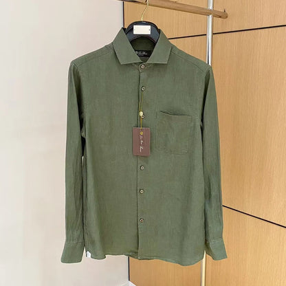 LP Italian Pocket Solid Color Pure Linen Long Sleeve Breathable Shirt