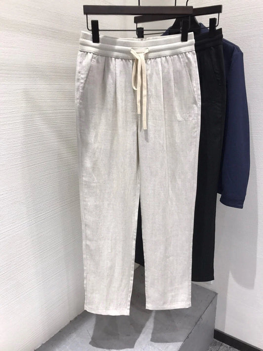 LP Italian Old Money Fengtencel Linen Straight Drawstring Elastic Waist Casual Pants