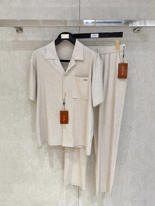 LP Italian Tencel Linen Old Money Style Casual Short Sleeve Shirt Straight Pants Set