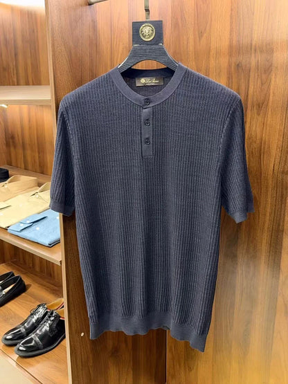 LP Vintage Three-Dimensional Yarn Henry Neck Short Sleeve Men's Knitted Sweater