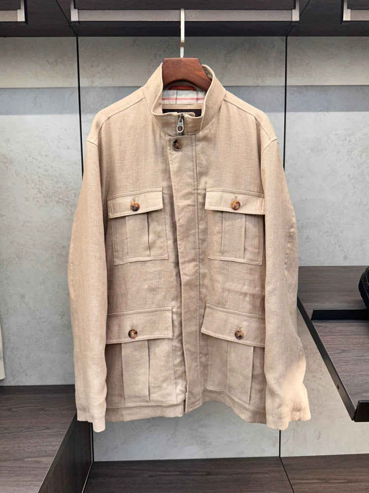 LP Italian Tooling Multi-Pocket Hunting Linen Jacket Stand-Up Collar Men's Thin Jacket