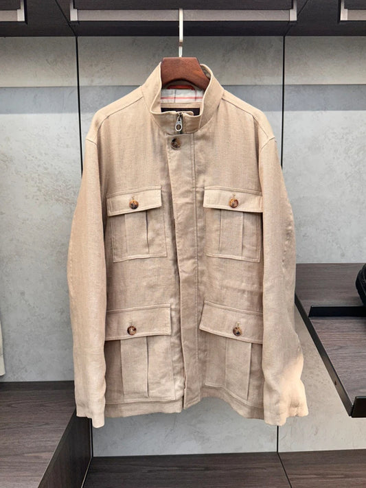 LP Italian Tooling Multi-Pocket Hunting Linen Jacket Stand-Up Collar Men's Thin Jacket