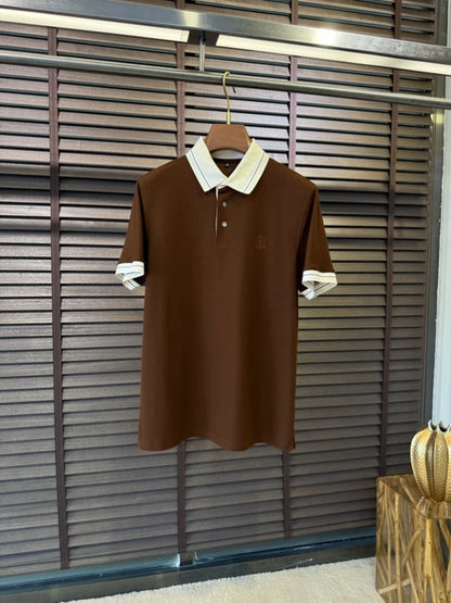 BC Italian letter badge contrasting pearl cotton lapel polo shirt