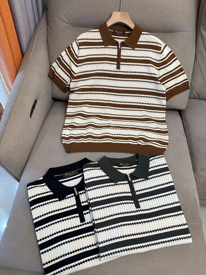 LP 25ss striped cashmere mulberry silk lapel short-sleeved knitted POLO shirt