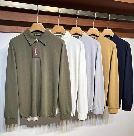 LP Casual Pearl Cotton Lapel Long Sleeve Men's POLO Shirt