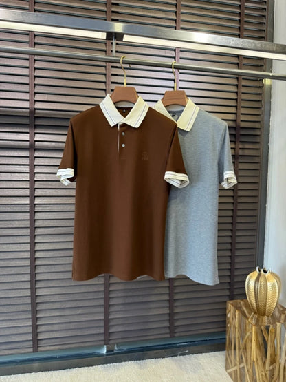 BC Italian letter badge contrasting pearl cotton lapel polo shirt