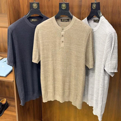 LP Vintage Three-Dimensional Yarn Henry Neck Short Sleeve Men's Knitted Sweater