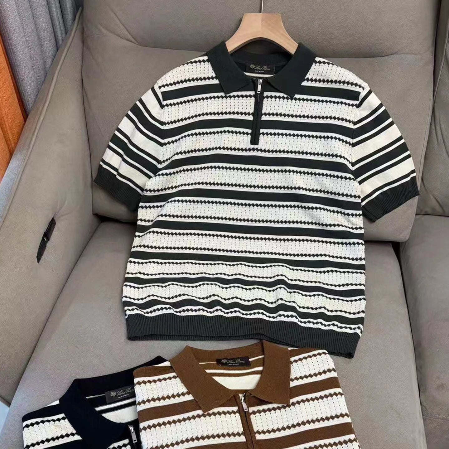 LP 25ss striped cashmere mulberry silk lapel short-sleeved knitted POLO shirt