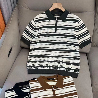 LP 25ss striped cashmere mulberry silk lapel short-sleeved knitted POLO shirt
