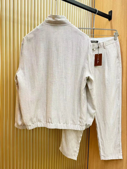 طقم جاكيت وبنطال كاجوال من LP Italy 25ss مصنوع من الكتان Tencel بتصميم قديم من الرياح وياقة واقفة 