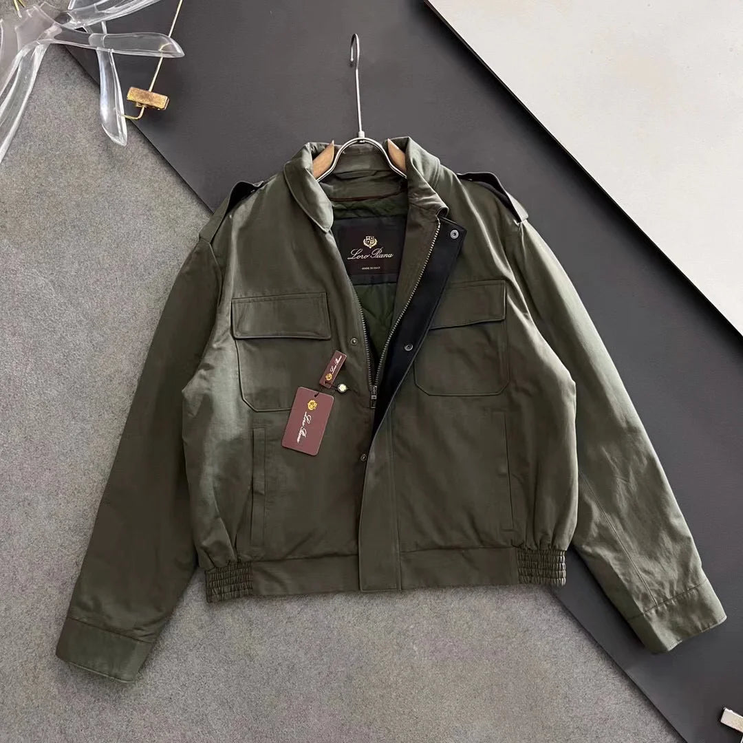 LP Italian leather multi-pocket short lapel flight jacket