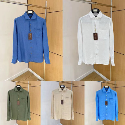 LP Italian Pocket Solid Color Pure Linen Long Sleeve Breathable Shirt
