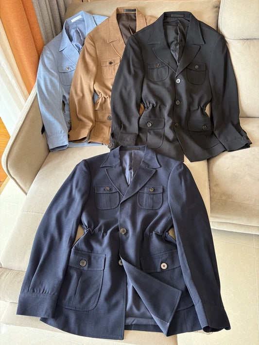 LP Italian Linen Elite Business Lapel Multi-Pocket Hunting Men's Jacket