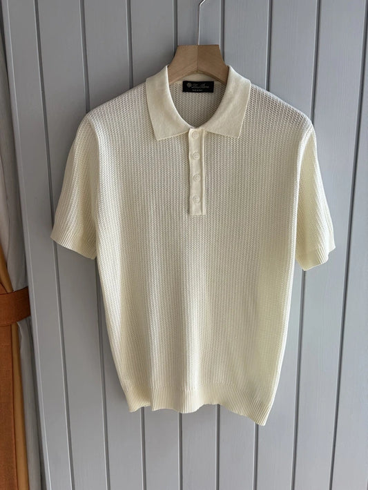 LP Italian cashmere mulberry silk hollowed-out knitted lapel short-sleeved old money wind vacation style POLO shirt
