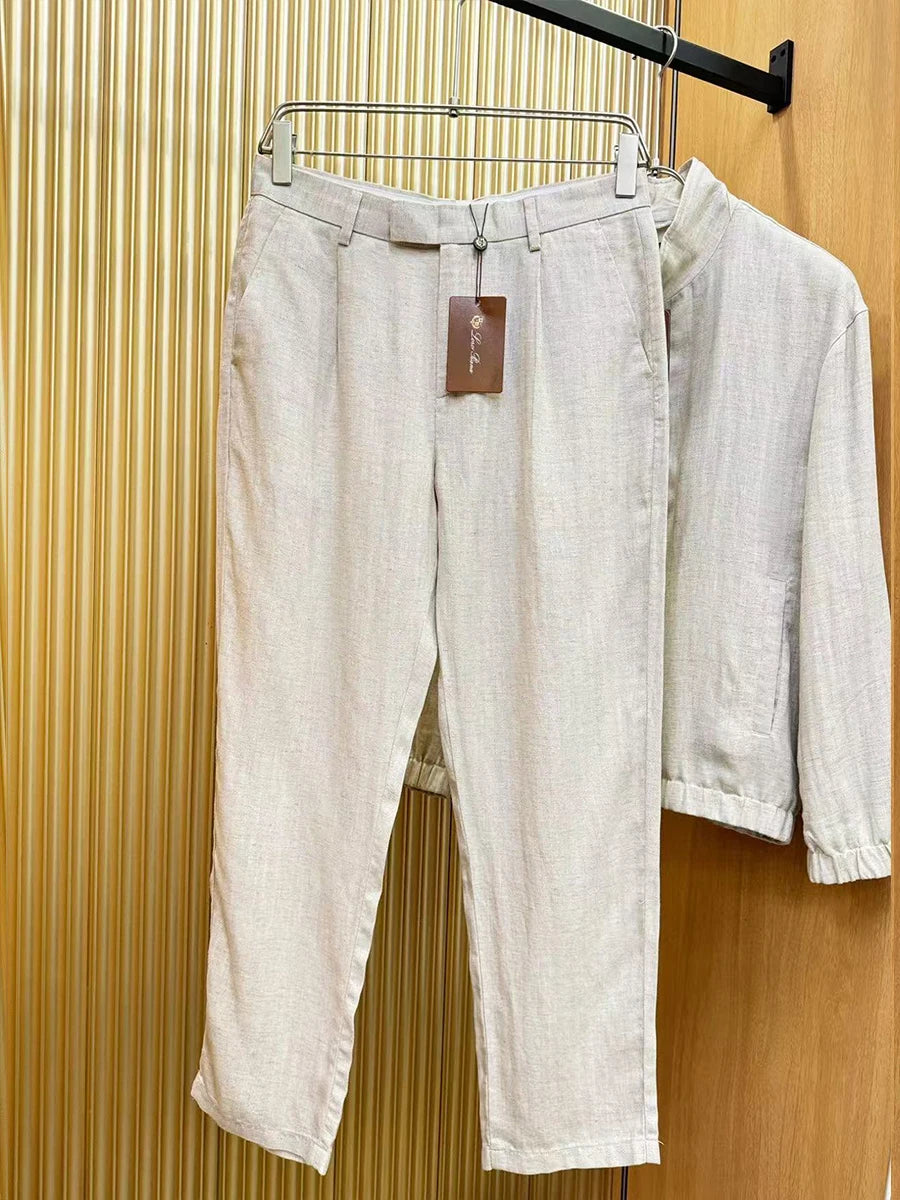طقم جاكيت وبنطال كاجوال من LP Italy 25ss مصنوع من الكتان Tencel بتصميم قديم من الرياح وياقة واقفة 