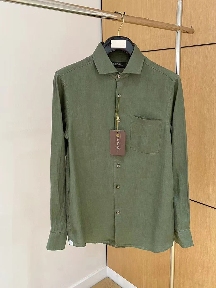 LP Italian Pocket Solid Color Pure Linen Long Sleeve Breathable Shirt