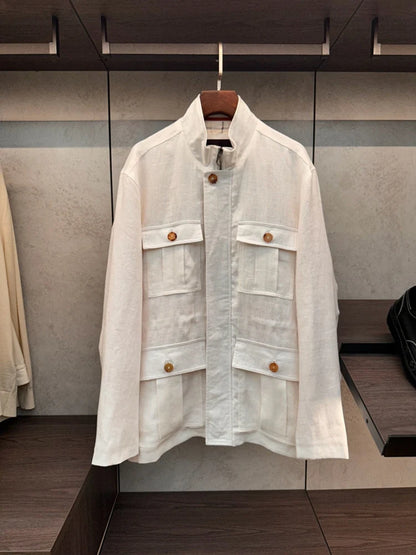 LP Italian Tooling Multi-Pocket Hunting Linen Jacket Stand-Up Collar Men's Thin Jacket