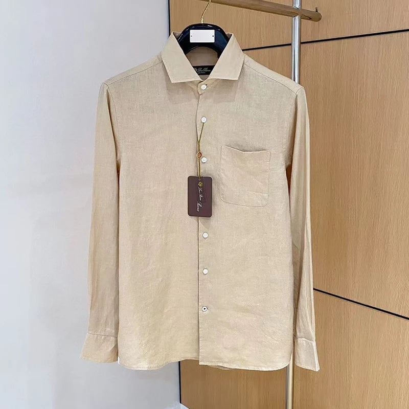 LP Italian Pocket Solid Color Pure Linen Long Sleeve Breathable Shirt
