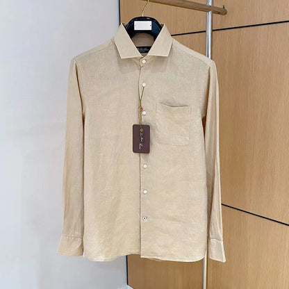 LP Italian Pocket Solid Color Pure Linen Long Sleeve Breathable Shirt